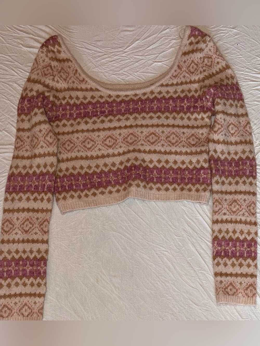 Pink and brown American Eagle patterned cropped sweater